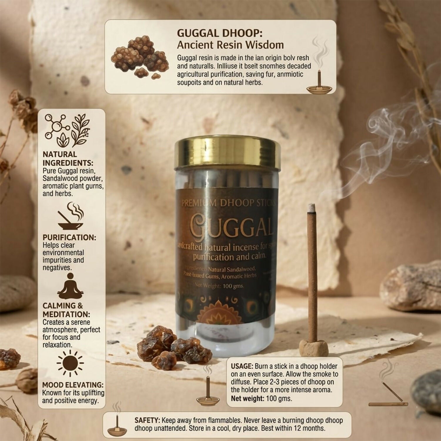 Burning Guggal Dhoop Stick releasing warm, woody fragrance