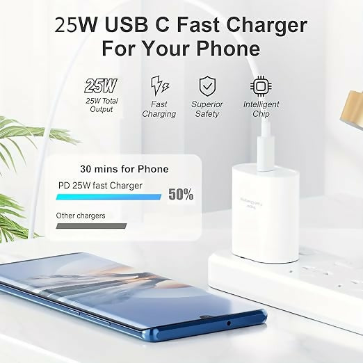 Uniteq 25W Type C Fast Charger Adapter with Cable PD USB C Charger (White)