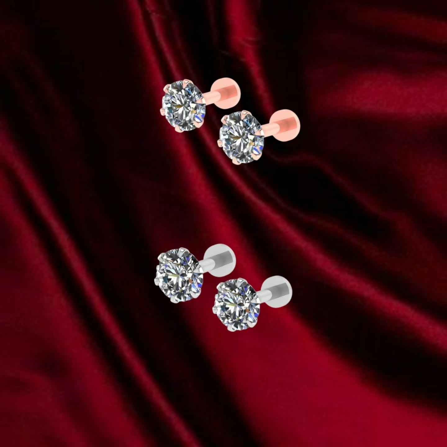 Close-up of silver plated flat back stud earrings with round CZ stones