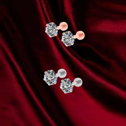 Close-up of silver plated flat back stud earrings with round CZ stones