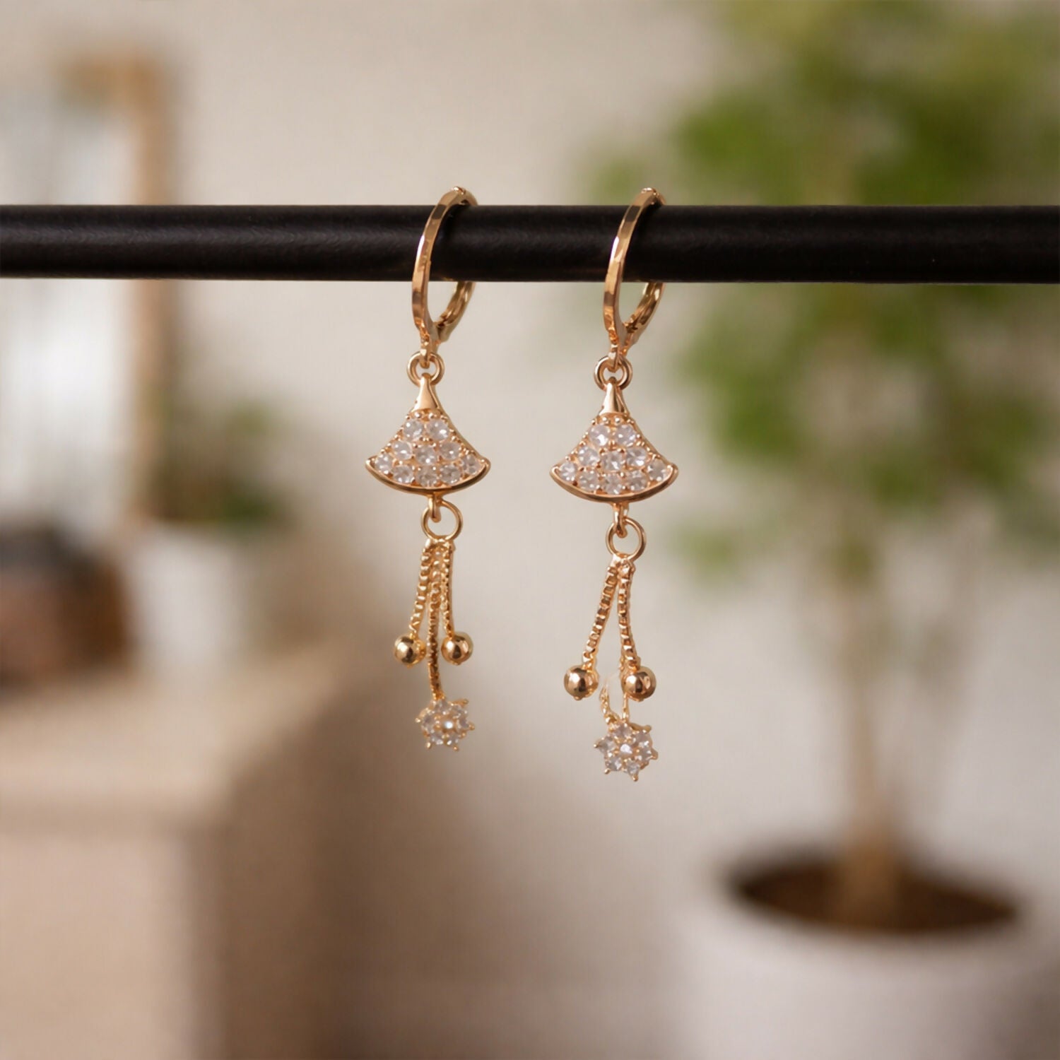 Rose Gold-Tone Crystal Fan Drop Hoop Earrings for Women