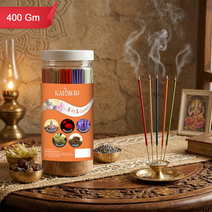 Premium Agarbatti 5 In 1 Combo with Bharatvasi, Fantasiya, Lavender, Kewada, Gugal Fragrances for Relaxation & Daily Use (400 Gm)