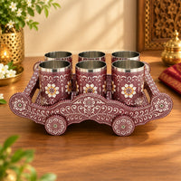 Handcrafted Decorative Cart Tray with 6 Matching Glasses, Floral Motifs and Mirror Style Accents