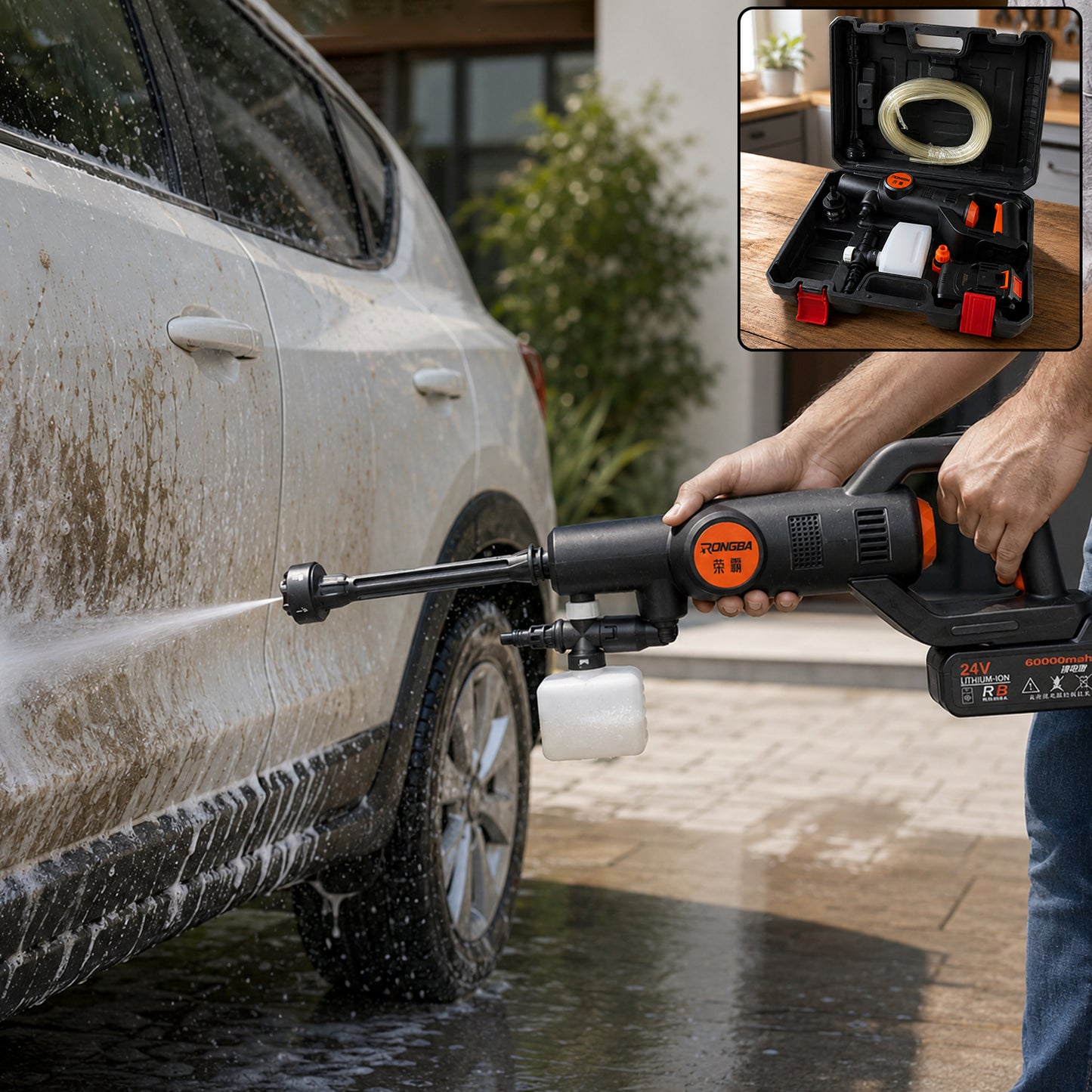High Pressure Cordless Car Washer – Portable with Hose & Foam