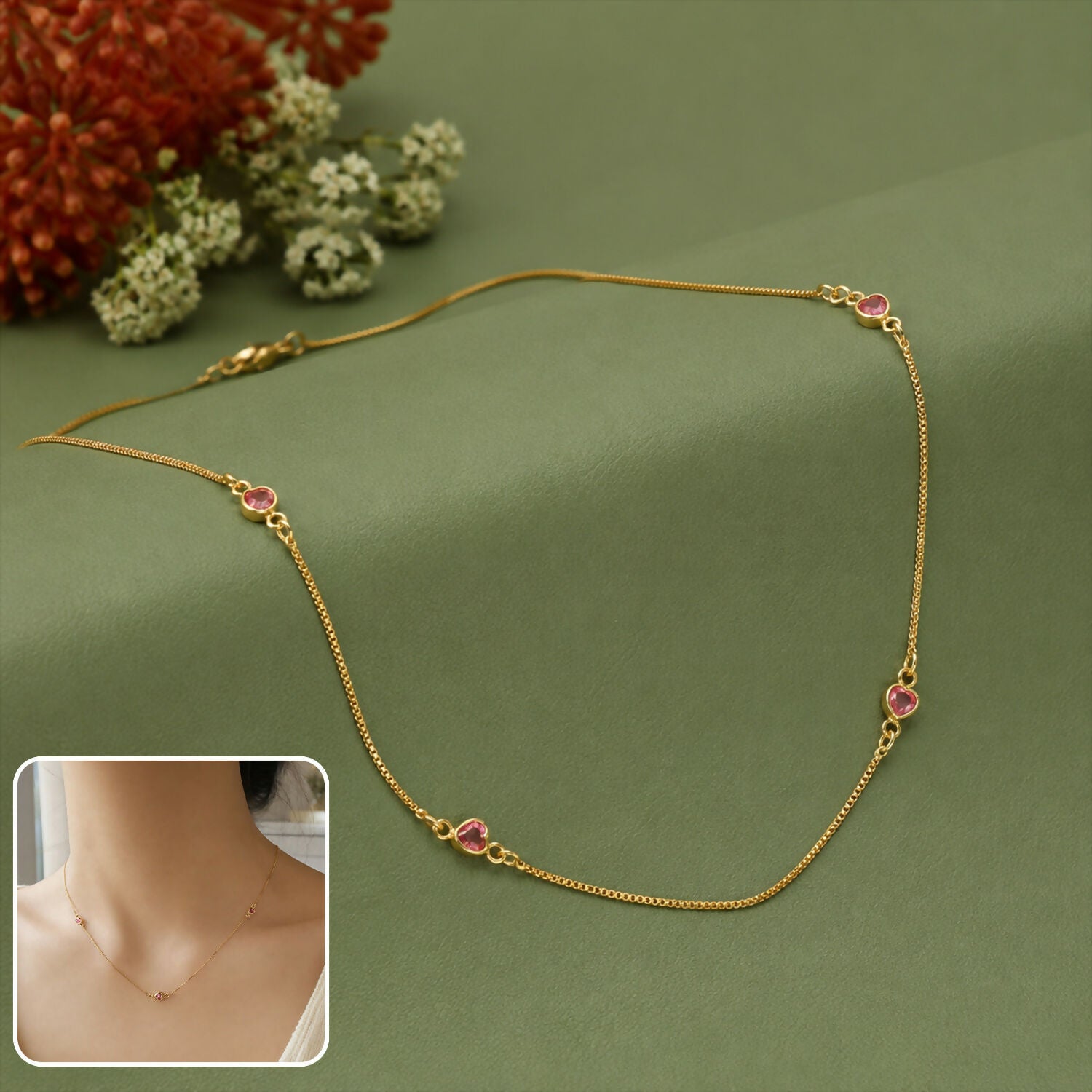 Pink Heart Necklace – Gold-Plated CZ Dainty Chain for Women