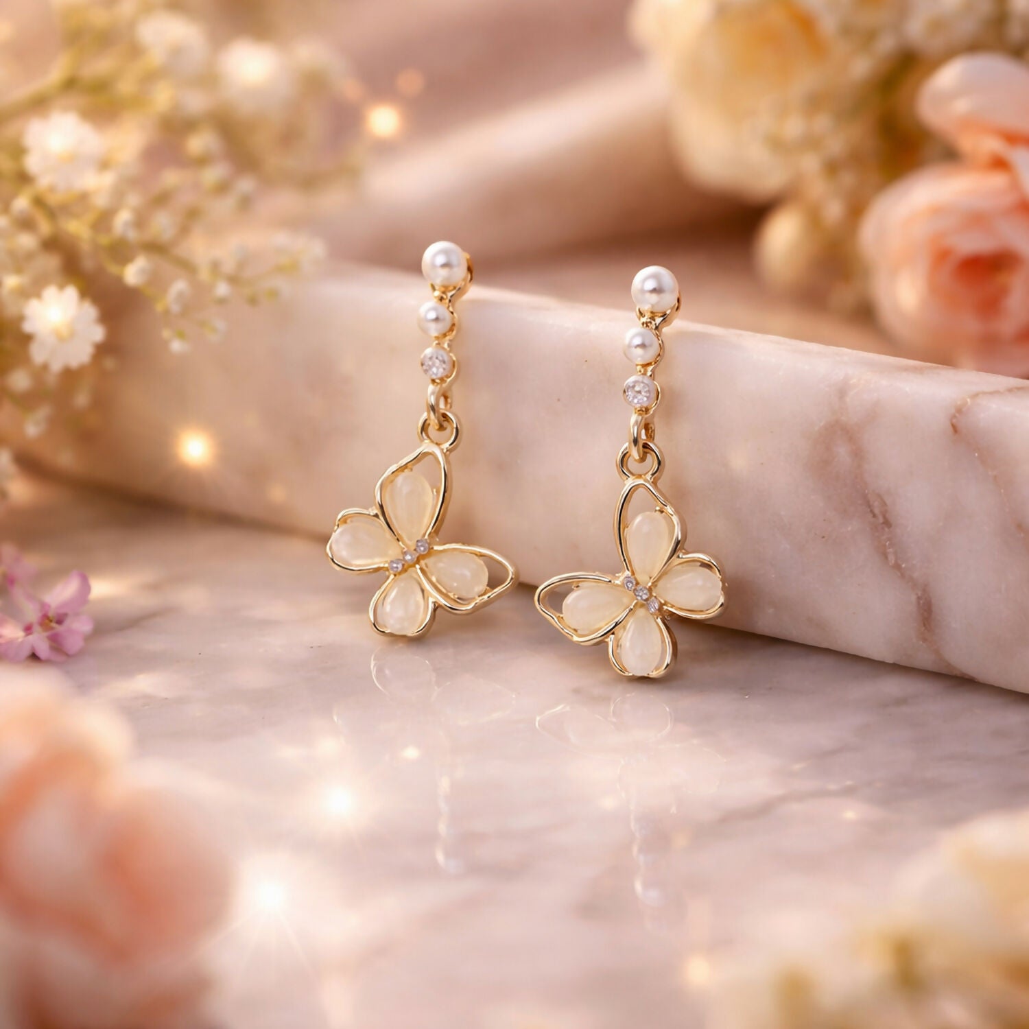Elegant Gold Butterfly Pearl Drop Earrings with Floral Design for Women