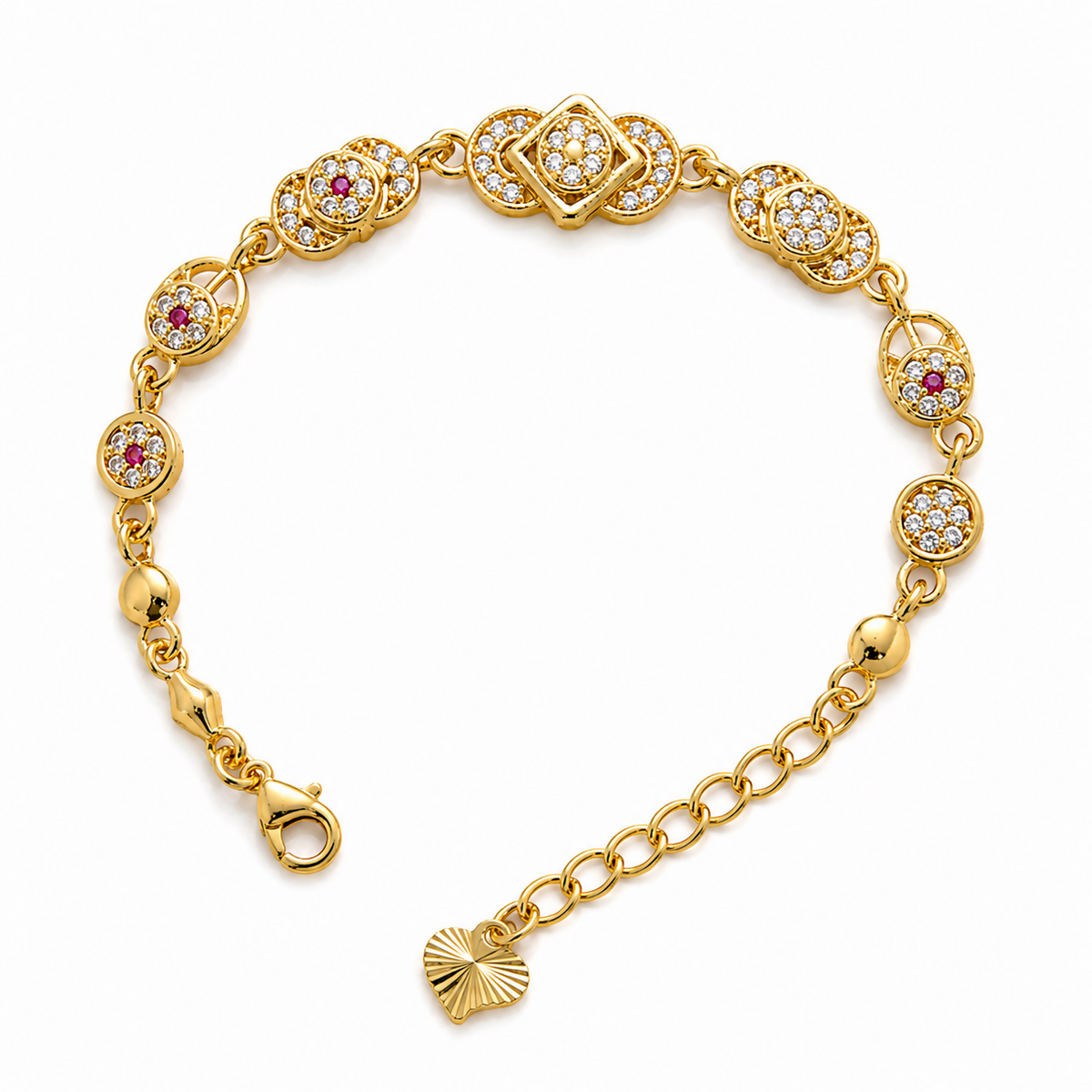 A gold-plated bracelet with an adjustable chain and a small heart charm, featuring intricate links set with cubic zirconia.