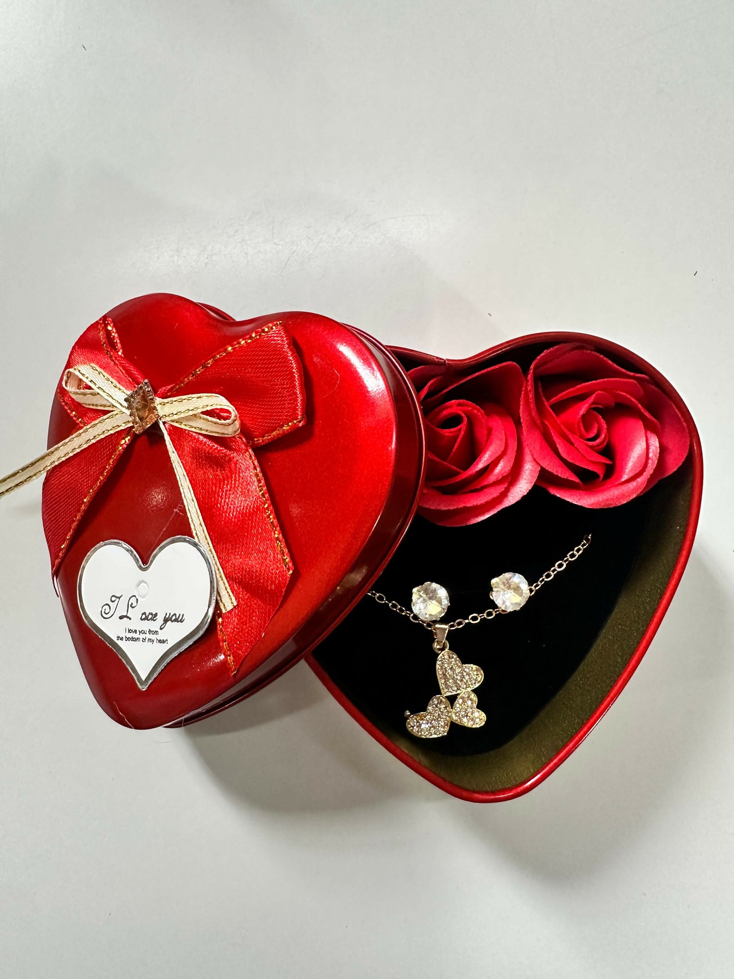 Heart Shape Gift Box with Artificial Roses & Butterfly Pendant Necklace for Gifting (DESIGN MAY VARY OF THE NECKLACE)