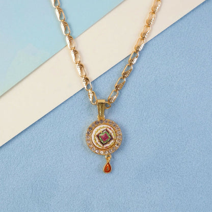 Gold Pendant Necklace with Colorful Mandala & Stone Border