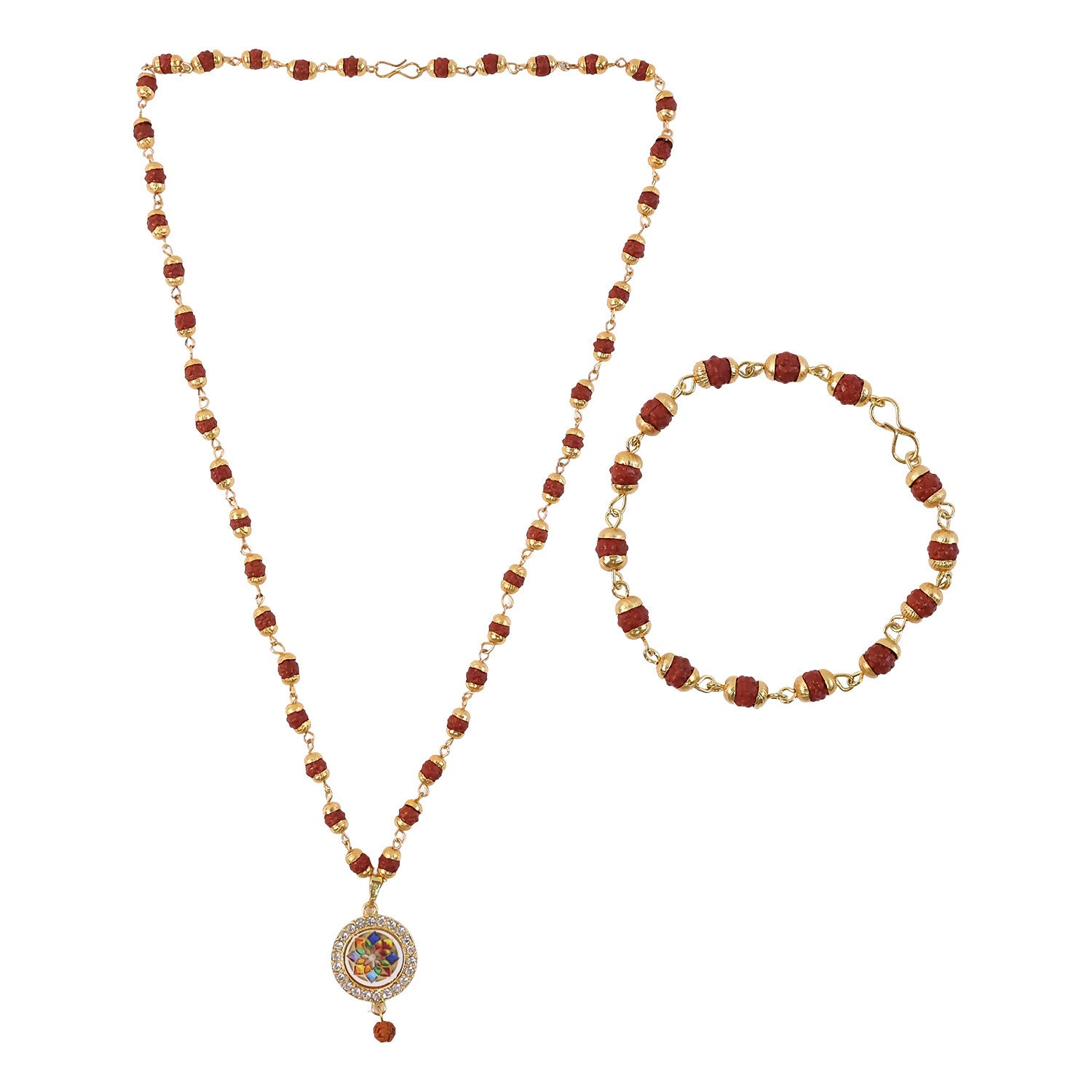 Traditional Beaded Rudraksha Necklace & Bracelet Set with Pendant