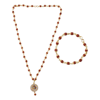 Traditional Beaded Rudraksha Necklace & Bracelet Set with Pendant