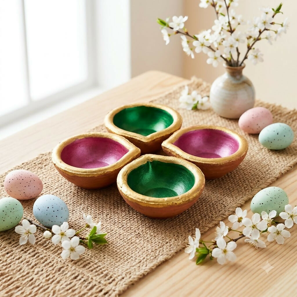 Four clay diyas, two green and two magenta, with golden borders, displayed on a burlap runner beside a window.