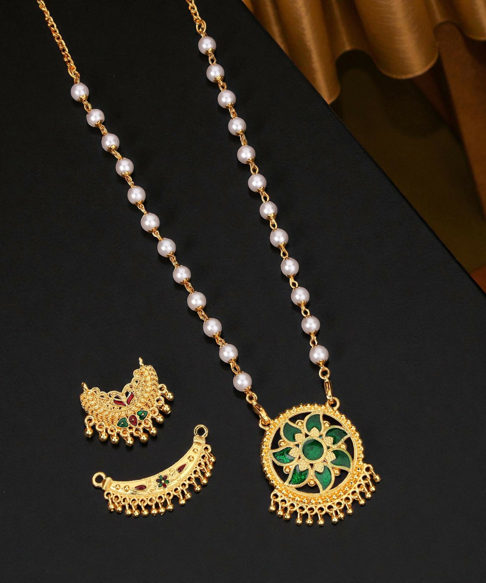 Romantic Gold Ruby Green Mina Work Crystal Heart Necklace Set