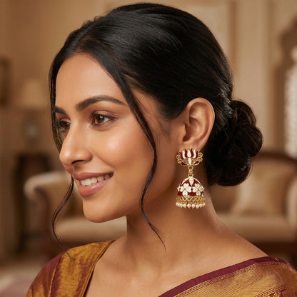Close-up of floral dome pattern on lotus jhumka earrings