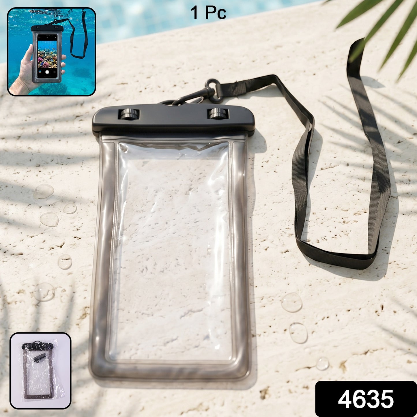 Black waterproof mobile pouch with SKU label