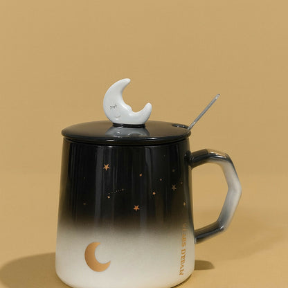 Moon Theme Ceramic Mug with Lid & Spoon for Tea, Coffee & Gifting (Black–White)