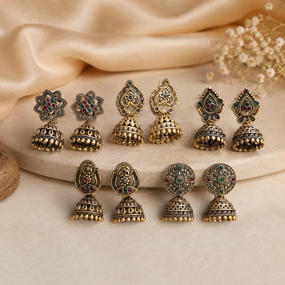 5 Pair Oxidised gold-Tone Ethnic Earrings Set With Jhumka And Shell Drops For Women