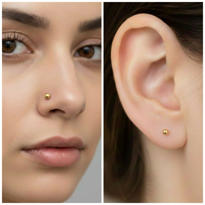 Gold-plated flat back labret stud earrings worn on ear with minimalist stacking style