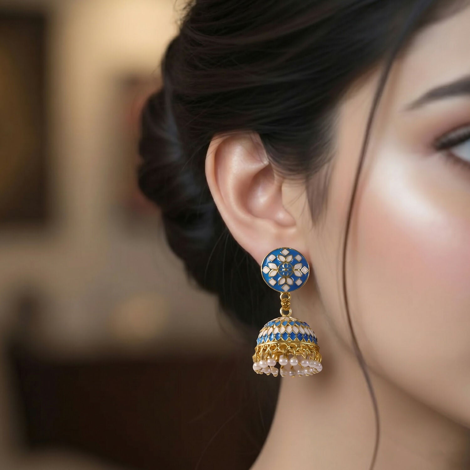 Blue Round Stud Jhumka Earrings with Pearl Hanging for Women