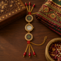 Gold-Plated Kundan Meenakari Bracelet Watch for Women | Ethnic Red Bead Festive Wristwatch