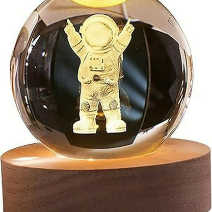 3D Crystal Astronaut Night Lamp with Wooden Base, USB Powered Decorative Light