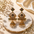Antique Gold Jhumka Earrings – Heritage Design with Vibrant Stones