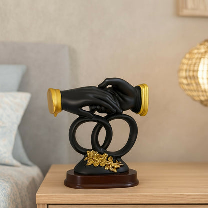Luxury Black & Gold Handshake Figurine with Interlocked Rings & Floral Base | Romantic Couple Holding Hands Showpiece for Home Décor, Wedding Gift, Anniversary Gift, Office Desk & Living Room Decoration