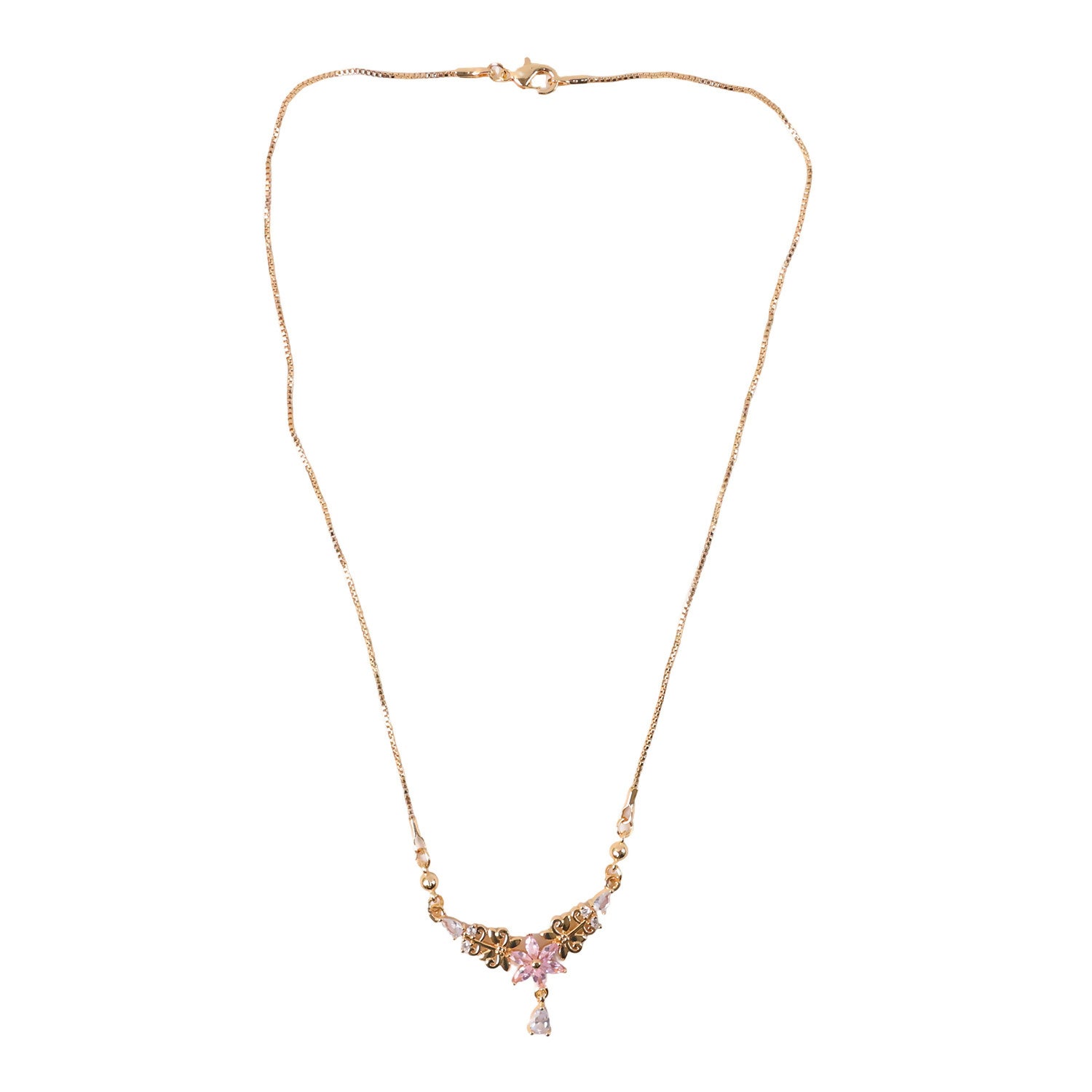 Women's pendant necklace featuring a pink flower and crystal drop with gold finish