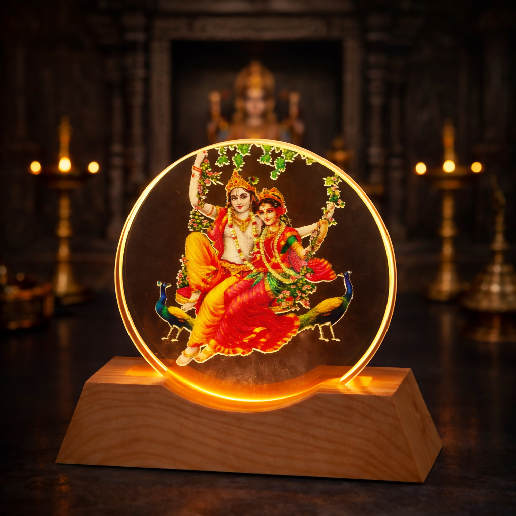 Radha Krishna Acrylic LED Lamp with Wooden Base | Decorative Night Light