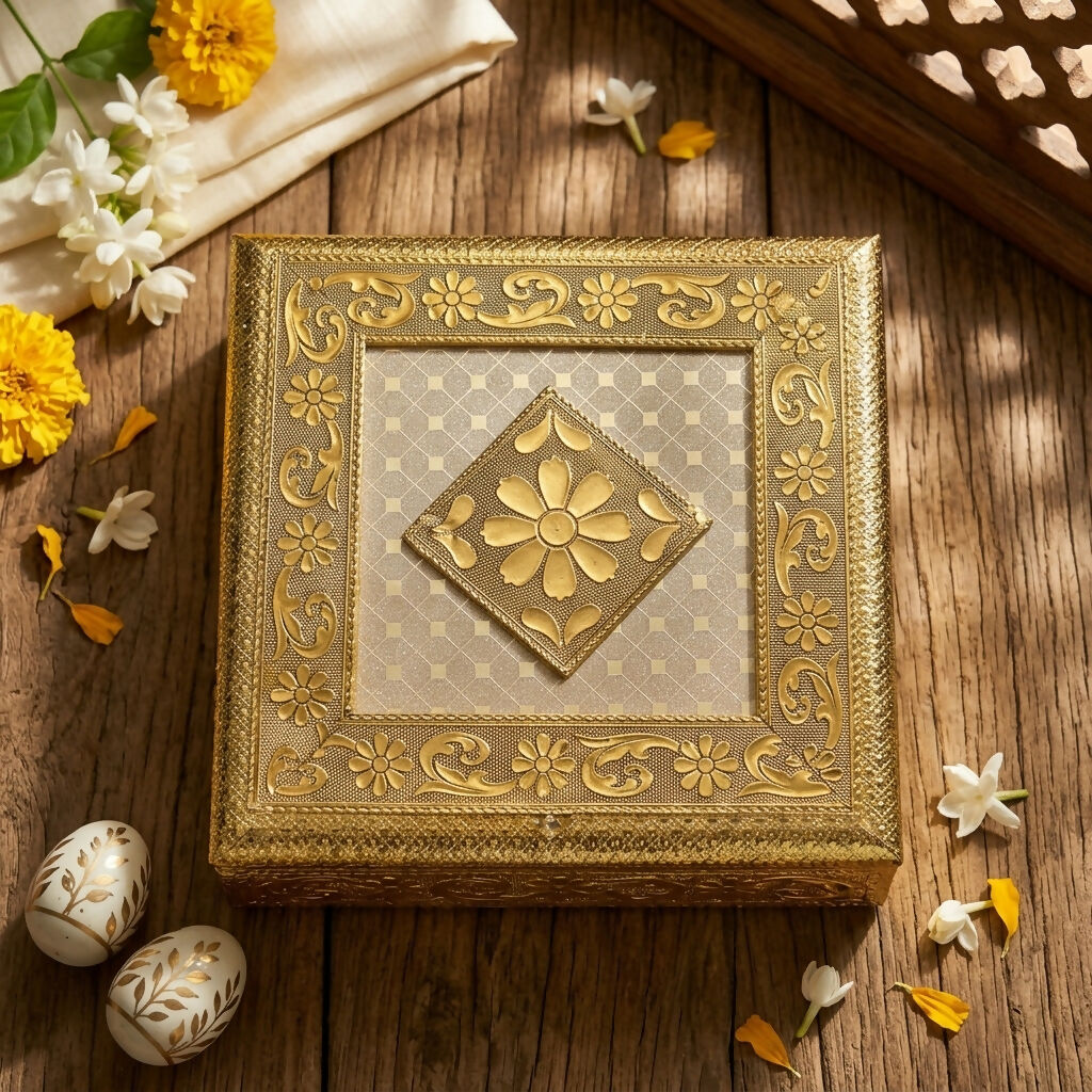 Floral embossed golden metal jewelry box side view showcasing design