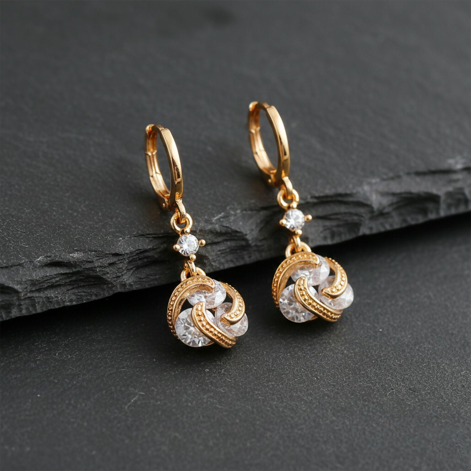 Gold Finish Twisted Stone Drop Hoop Earrings for Women and Girls