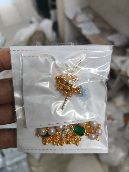 Traditional Gold-Plated Green Enamel Lotus Choker with Pearl Drops