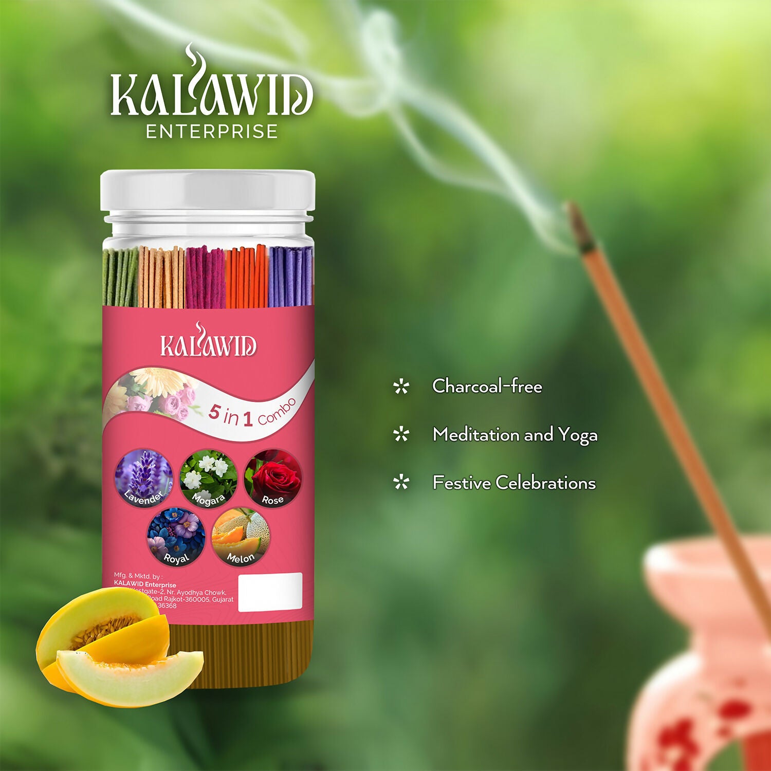 Premium Agarbatti 5 In 1 Combo with Lavender, Mogara, Rose, Royal, Melon Fragrances for Long Lasting Aroma (400 Gm)