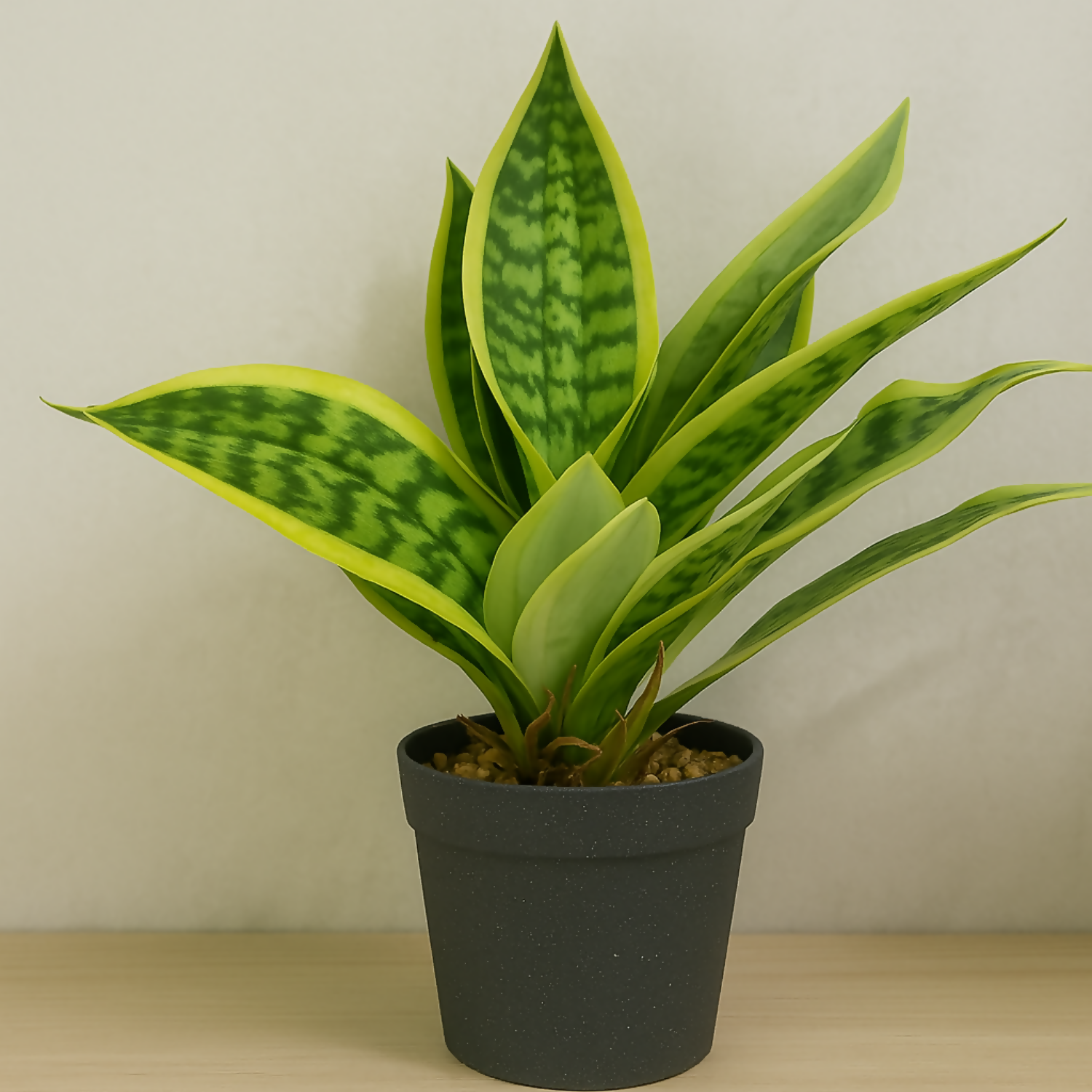 Artificial Snake Plant in Black Pot – Realistic Sansevieria Mother-in-Law’s Tongue Faux Plant – Tabletop Indoor Home Décor for Living Room, Office, Bedroom, and Balcony Decoration