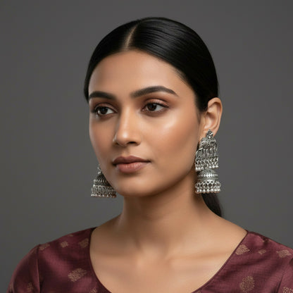 Traditional Silver Look Elephant Jhumka Earrings