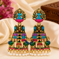 Premium Goddess Temple Jhumka Earrings with Multicolor Enamel, Peacock Design & Pearl Drops