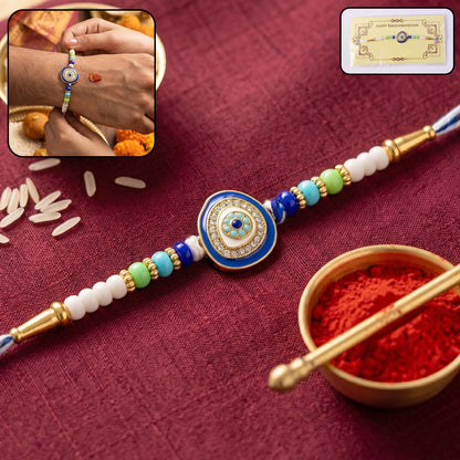 Evil Eye Round Kundan Diamond Rakhi on white background