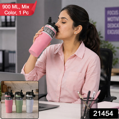 Three insulated tumblers in pink, green, and white are shown in a small inset on an office desk.