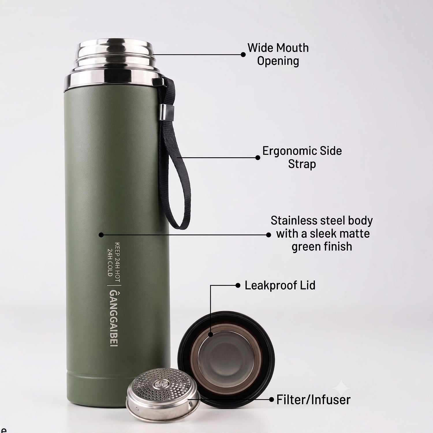 Vacuum Insulated Water Bottle 1000ml, Steel Hot and Cold Flask with Cup Lid (1 Pc)