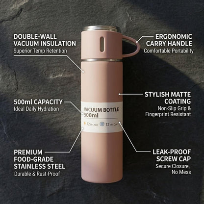 A pink vacuum bottle with two cups is shown with text highlighting its double-wall insulation, 500ml capacity, and