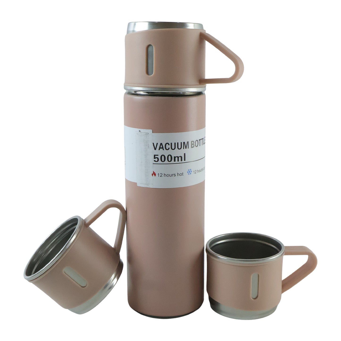 A pink vacuum flask stands upright with two matching cups, one tilted, on a plain white background.