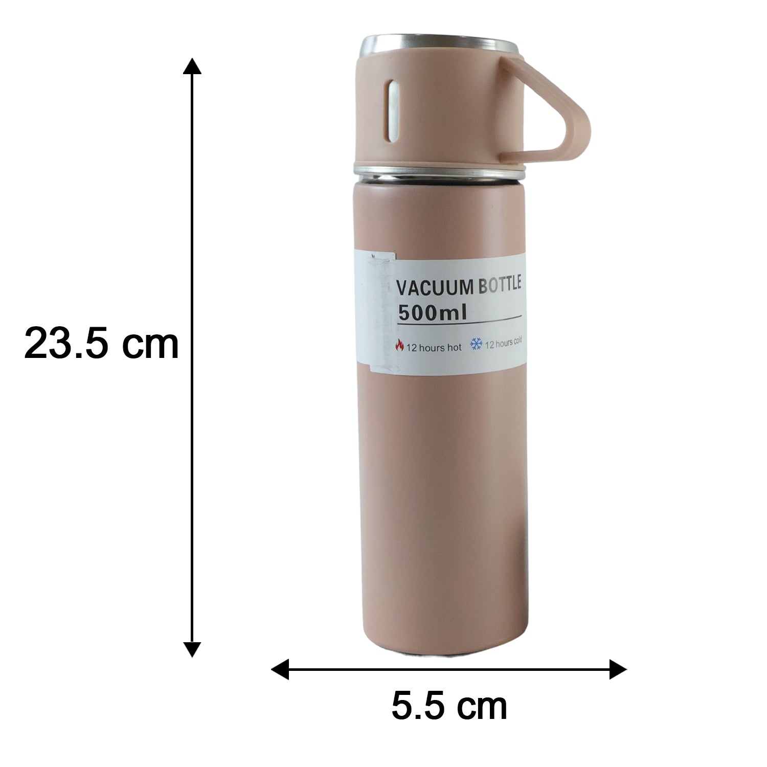 A pink vacuum flask with two cups is shown with its dimensions, 23.5 cm height and 5.5 cm width, on a white background.