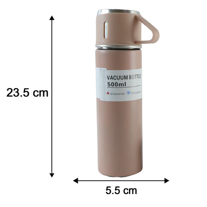 A pink vacuum flask with two cups is shown with its dimensions, 23.5 cm height and 5.5 cm width, on a white background.