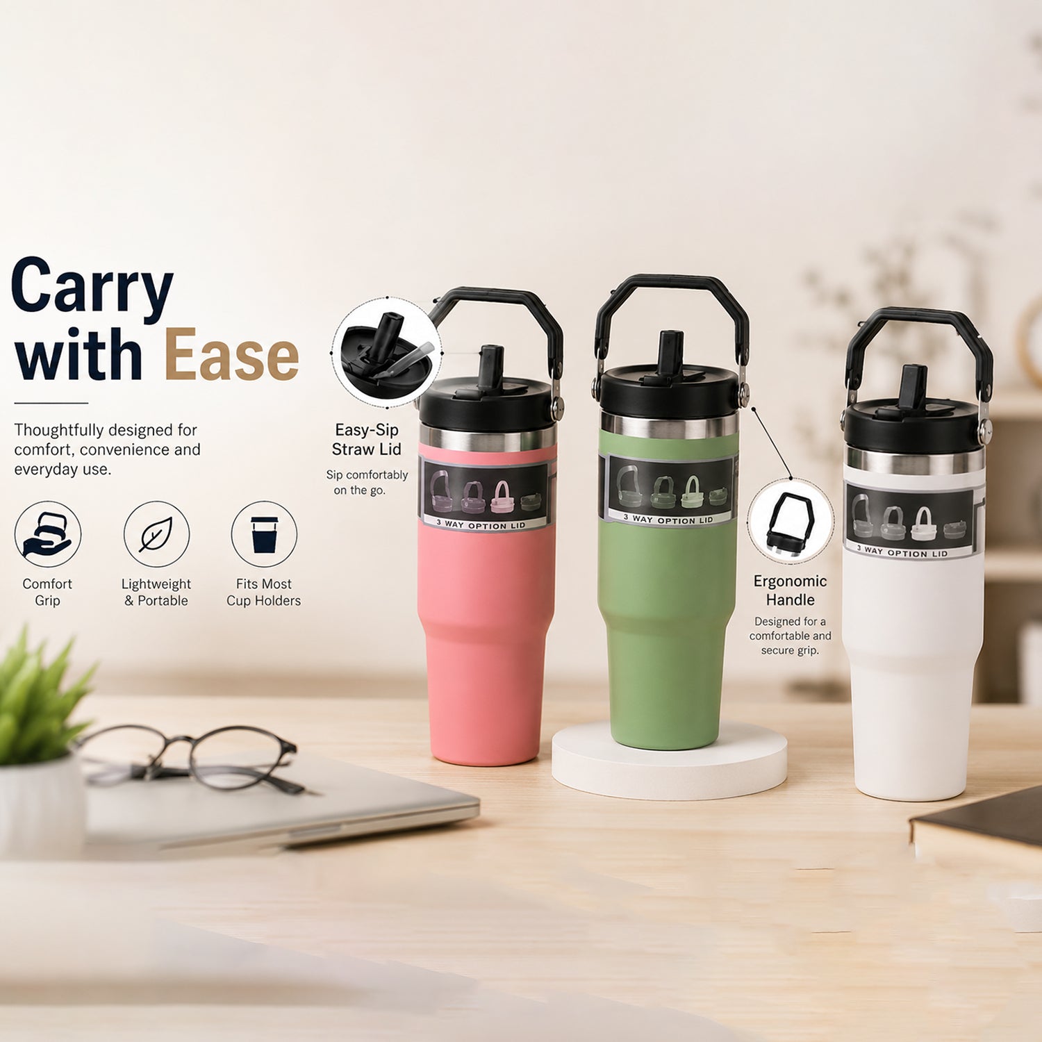 Three insulated tumblers in pink, green, and white with handles stand on white pedestals, with feature callouts.