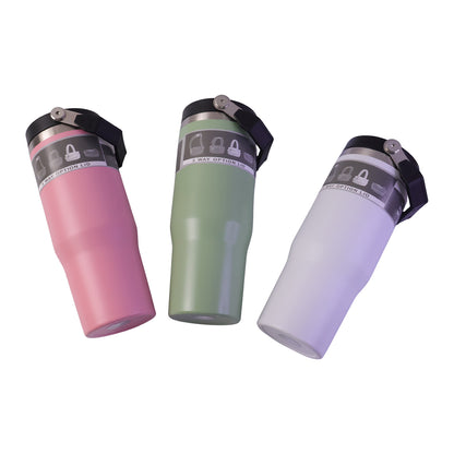 Three insulated tumblers in pink, green, and white with handles are angled on a white background.