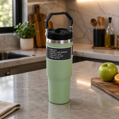 A green insulated tumbler with a handle sits on a marble kitchen counter next to fruit.