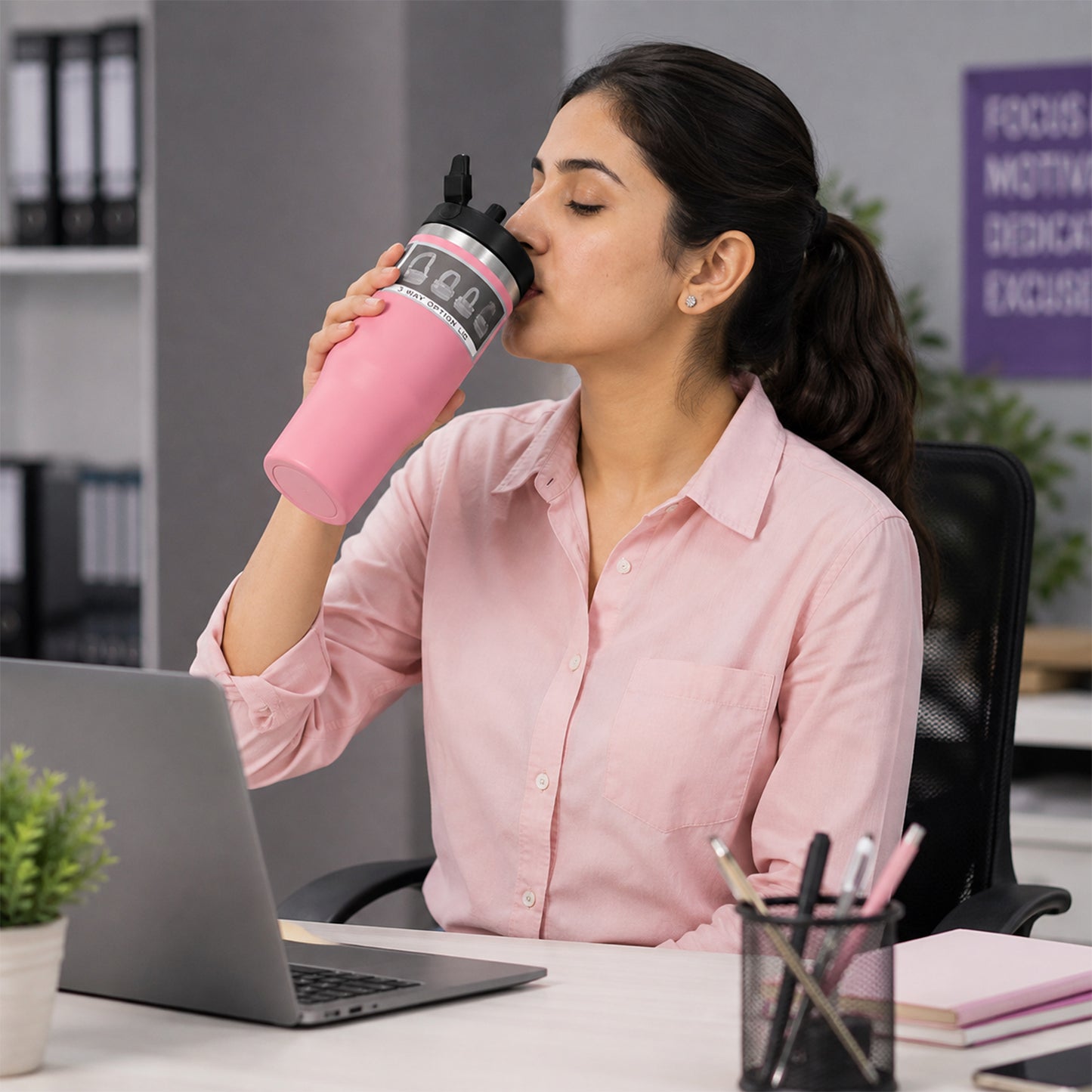 A woman in a pink shirt sips from a pink insulated tumbler with a handle at an office desk