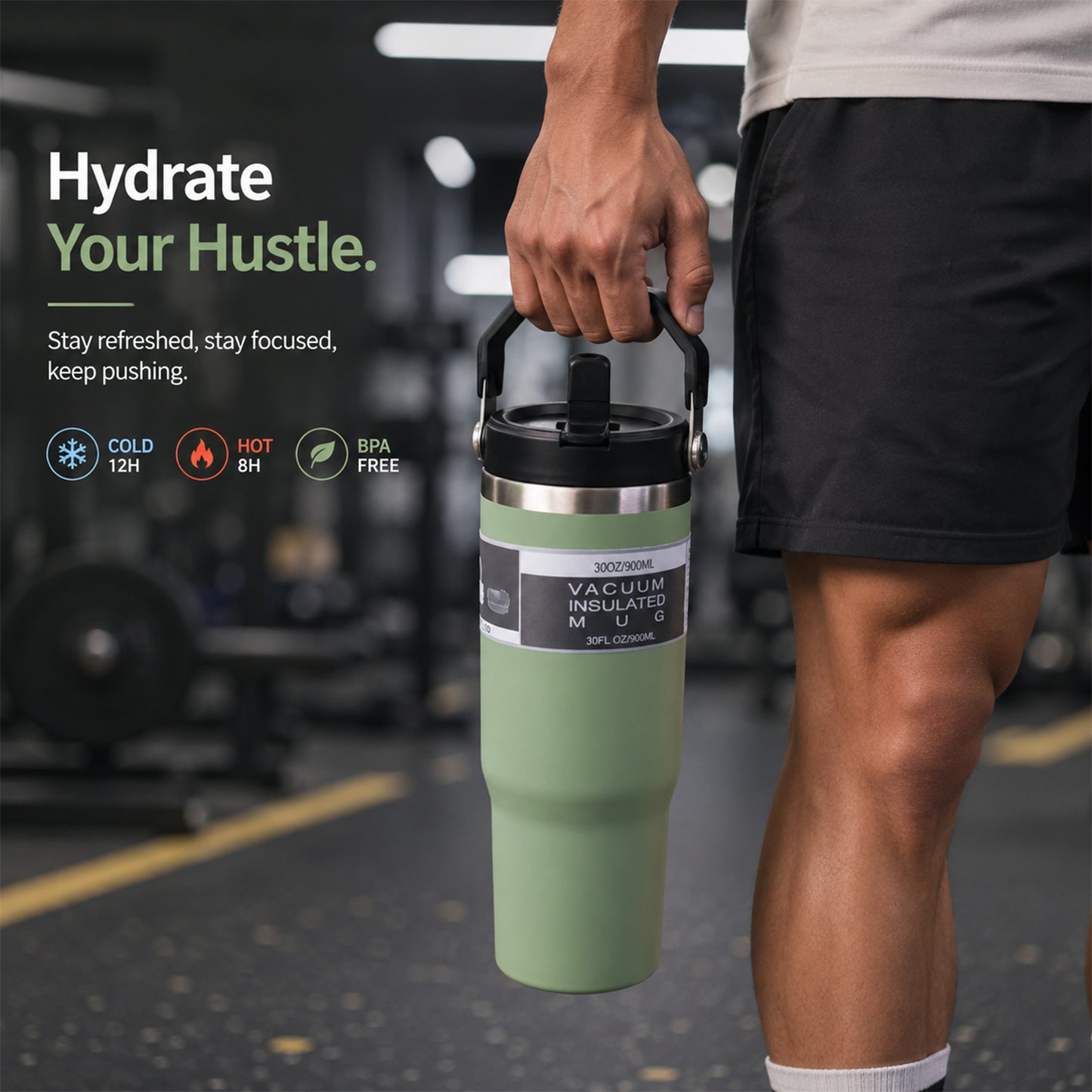 A person holds a green insulated tumbler with a handle in a gym setting.