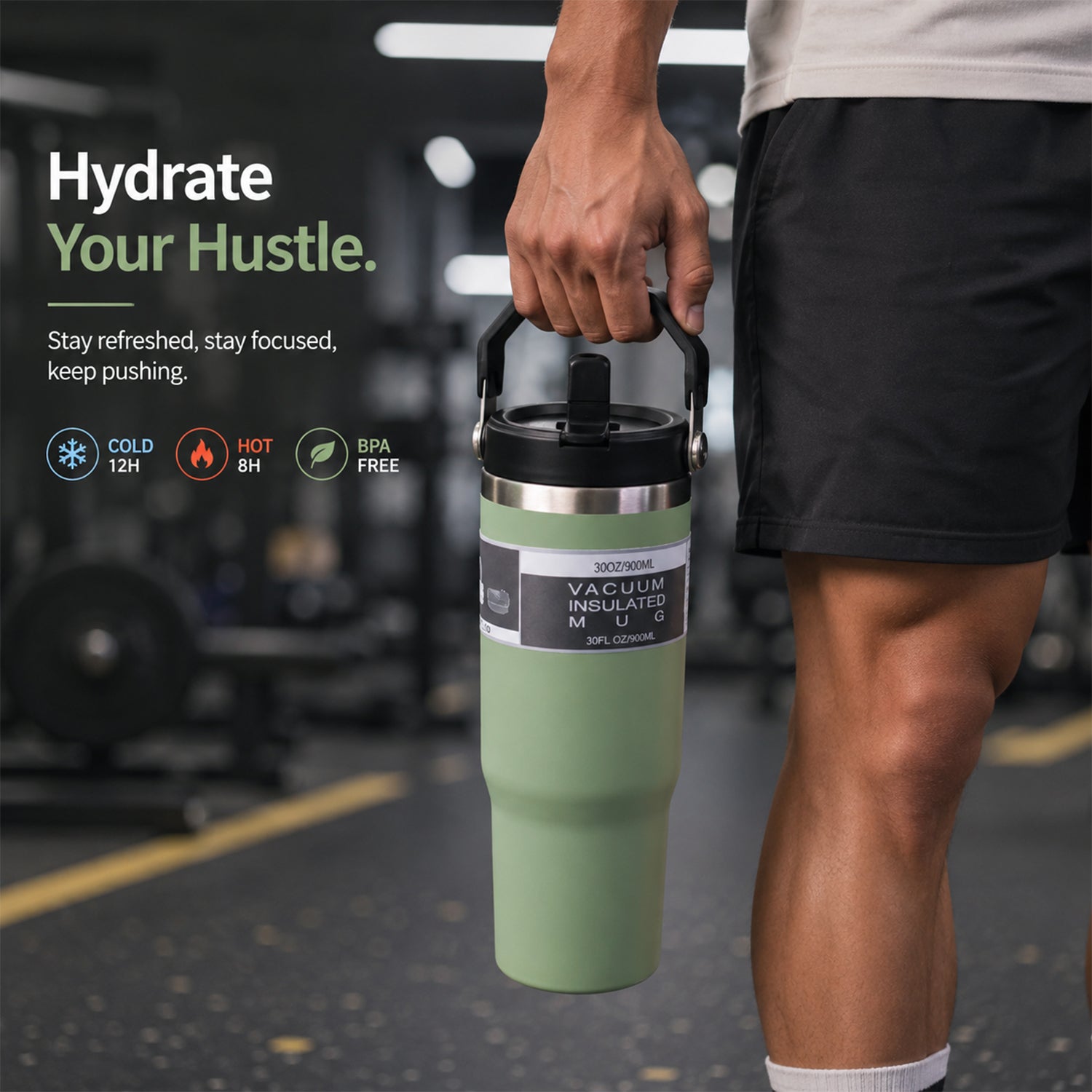 A person holds a green insulated tumbler with a handle in a gym setting.