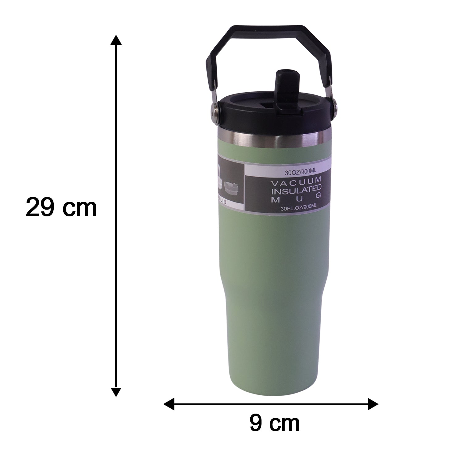 A green insulated tumbler with a handle is shown with its dimensions: 29 cm tall and 9 cm wide.